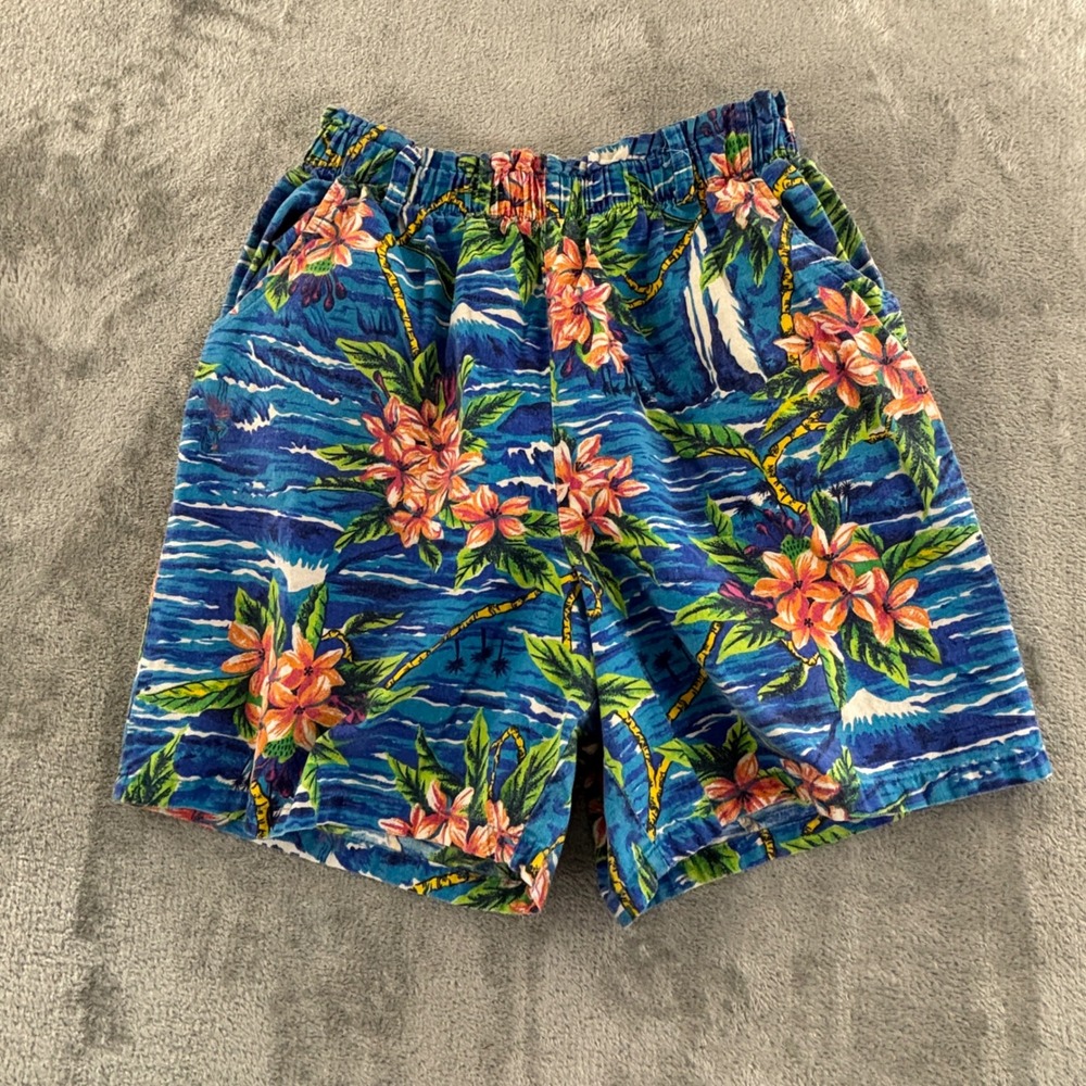 Vtg Beverly Hills Blues Hawaiian Short Mens L Blue Tropical Floral Elastic Waist